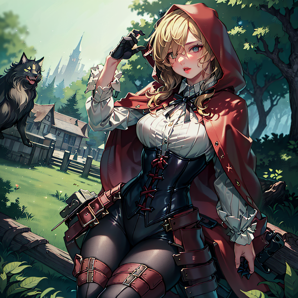 06547-3917761285-(RedHoodWaifu_1), 1girl, cute, (messy hair, blonde, long hair), (red hood, cape, corset, dress), cute pose, __(realistic_1.2), (.png